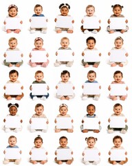 Fototapeta premium Smiling diverse toddler children holding blank white banner with copy space isolated on colorful studio backgrounds