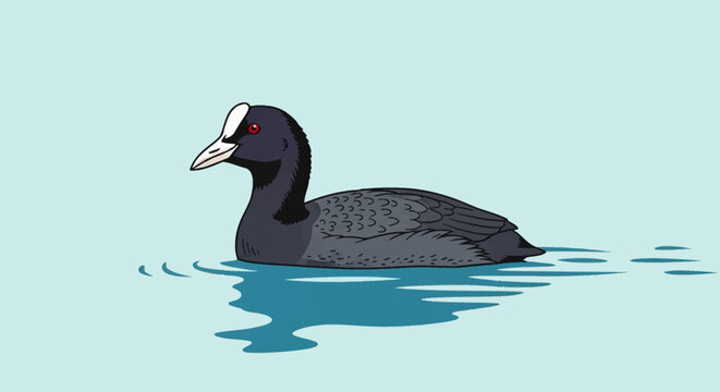 Vector illustration of a black Eurasian coot bird swimming on calm light blue water with ripples. Features a white frontal shield, beak, and red eye in a flat cartoon style.