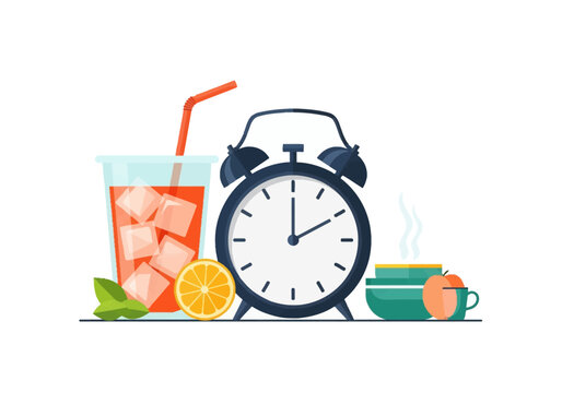 Flat vector illustration of a glass of iced tea with ice cubes, straw, and orange slice next to a dark blue alarm clock, bowls, and fruit on a plain white background.