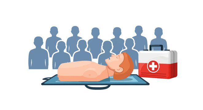Vector illustration of a medical CPR training mannequin on a blue mat, featuring a red first aid kit and a group of blue human silhouettes as an audience on white.