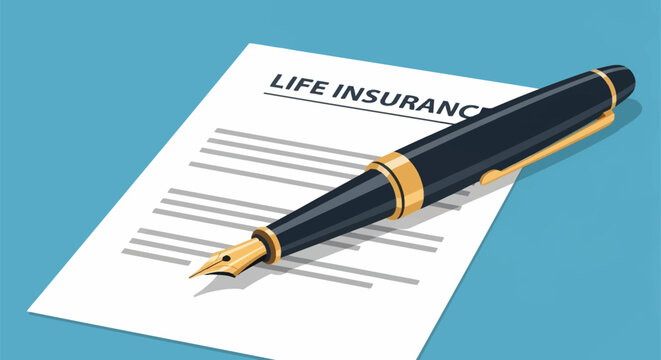 Professional vector illustration of a luxury black fountain pen with gold trim laying across a life insurance application paper isolated on a light blue background.