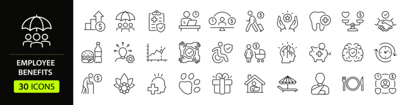 Employee benefits Web Icon Set in Linear Style. Collection of benefits, line icons, including social security, work-life balance, pay raise, insurance, wellness, compensation and more. Editable stroke