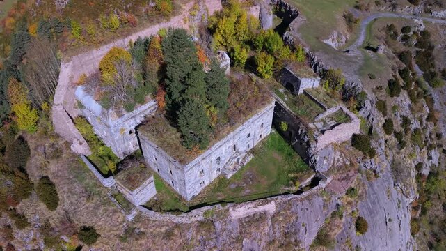 Aerial view from a drone of the Coll de Ladrones Fort (19th century) in the municipality of Canfranc. Jacetania region. Province of Huesca. Autonomous Community of Aragon. Spain. Europe