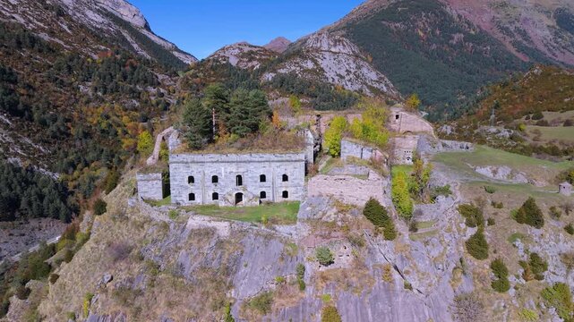 Aerial view from a drone of the Coll de Ladrones Fort (19th century) in the municipality of Canfranc. Jacetania region. Province of Huesca. Autonomous Community of Aragon. Spain. Europe