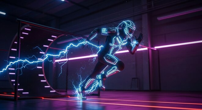 Futuristic neon runner in motion with electric energy and glowing cybernetic suit, racing through a dark, vibrant environment.