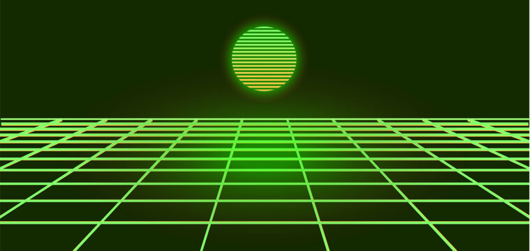 Retrowave Neon Grid Background with Copy Space &ndash; Green Synthwave Futuristic Horizon