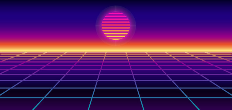 Retrowave Neon Grid Background with Retro Sunset &ndash; 1980s Synthwave Futuristic Horizon