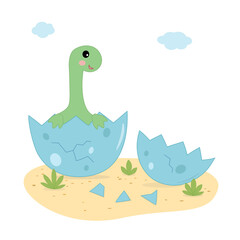 Cute baby dinosaur hatching from blue egg shell. Kawaii cartoon prehistoric animal vector illustration © Oksana Karpova