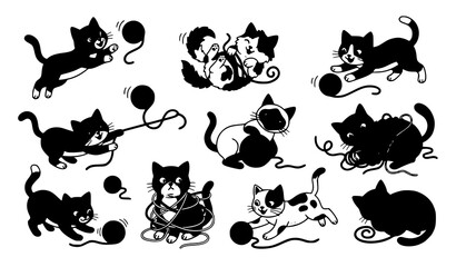 Fototapeta premium Funny Cartoon Cats Playing with Yarn in Playful Kitten Action Poses Vector Collection