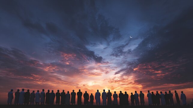 Silhouettes of people praying at sunset