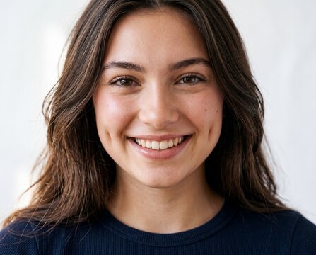 Portrait of Woman with Dimples in Blue Shirt