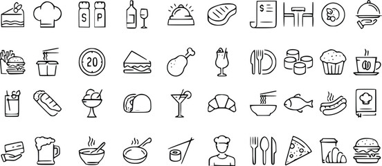 Naklejka premium Various food and drink icons on white transparent background