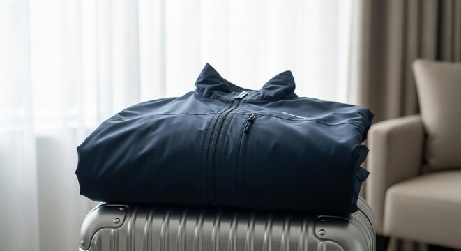 Navy blue casual jacket folded neatly on a silver suitcase, ready for travel