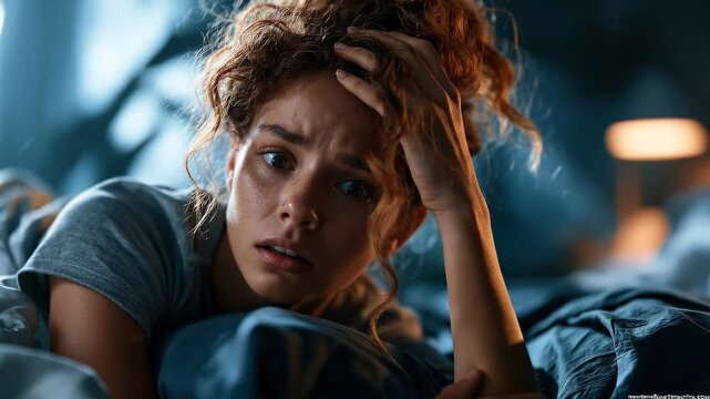 Medical video of a young woman lying awake in bed at night, with an anxious expression, messy hair, and moonlight streaming through the window.