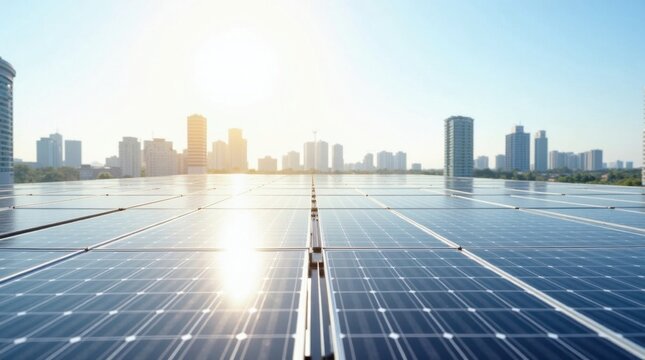 Paneles solares instalados en la azotea de un edificio contempor&aacute;neo