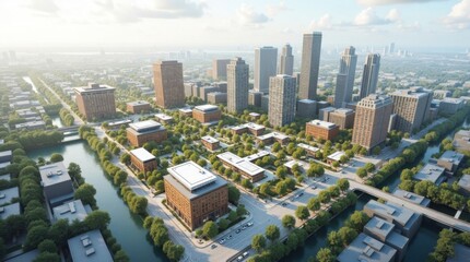 Obraz premium Proyecto de reurbanización que combina edificios comerciales, espacios públicos e infraestructura de transporte