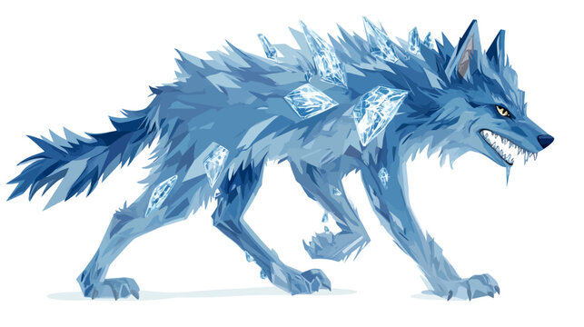 Icy Wolf Hybrid with Crystalline Growths, Glowing Eyes, Sharp Teeth, Dynamic Pose, Icy Environment