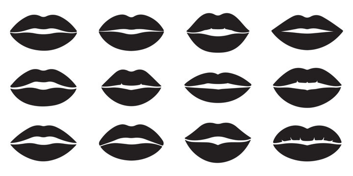 Set of black lips silhouettes isolated on white background for design graphic fashion beauty cosmetic makeup concepts.