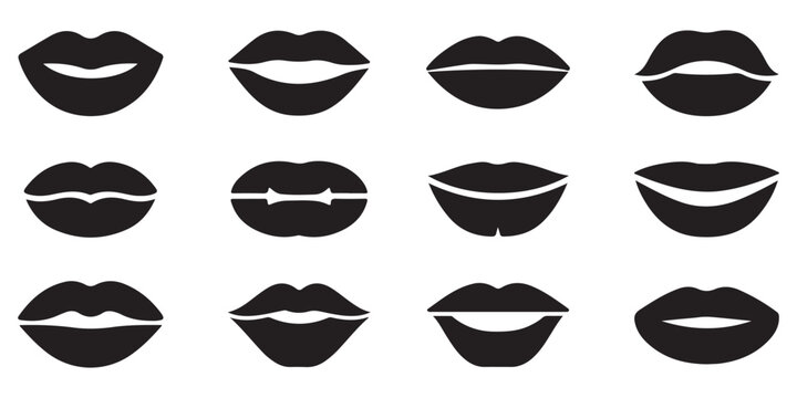 Black silhouette lips collection for beauty fashion makeup and cosmetic design projects isolated on white background.