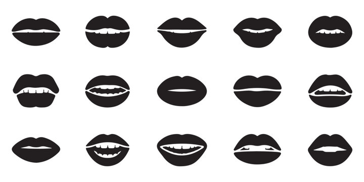 Comprehensive set of black silhouette vector icons featuring various lip shapes and expressions for design.