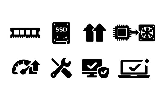 Laptop Upgrade Icons. Laptop Hardware Upgrade. Filled icon set of Laptop Hardware Upgrade: memory module, ssd