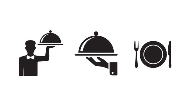 Food Service Icons Set Featuring Waiter Silhouette, Cloche Cloche Serving Dish, and Table Setting Flatware