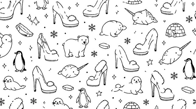 Whimsical penguin and high heel shoe pattern design.