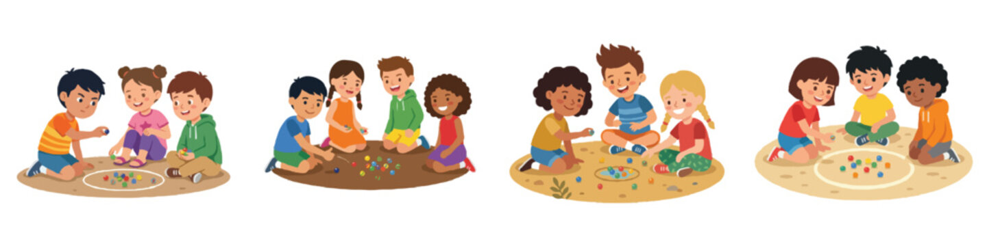  A flat design minimalistic illustration of children playing marbles on the ground. No outlines, minimalist vector style, focused and clear facial expressions. Isolated on a pure white background.
