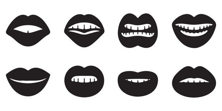 Collection of various lip shapes and tooth expressions in black silhouettes for diverse design and project needs.