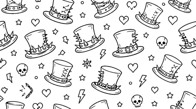 Whimsical top hats and skulls pattern design.