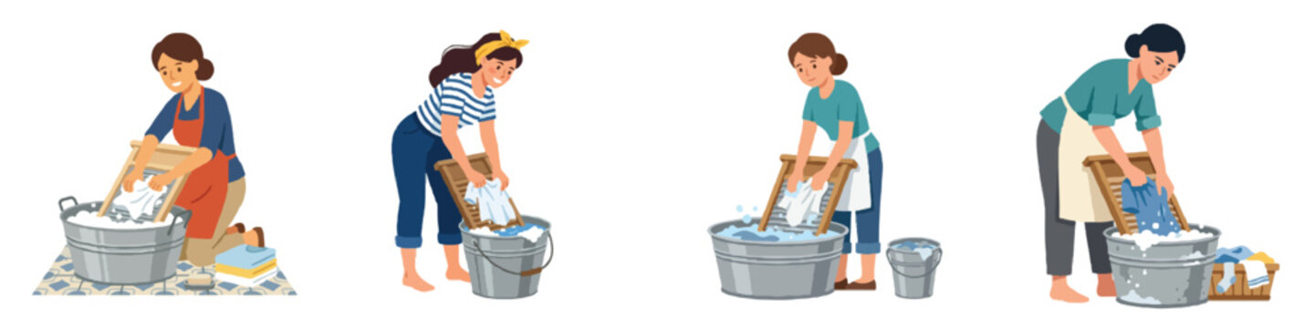  A flat design minimalistic illustration of a woman washing clothes by hand using a classic wooden washboard and a metal bucket. No outlines, white background