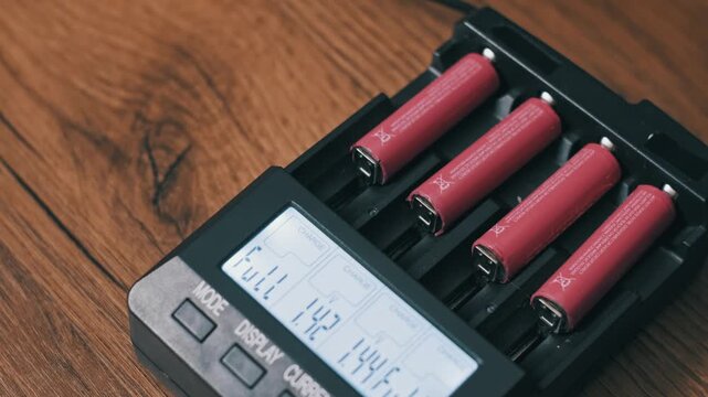 High-angle shot of four pink rechargeable AA batteries fully charged in a black device. The LCD screen displays voltage readings and Full status on a textured wooden desk.