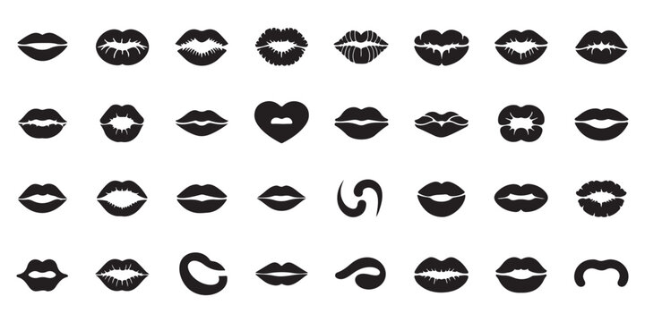 Set of various black lips icons and kisses silhouettes isolated on white background for beauty design and fashion.