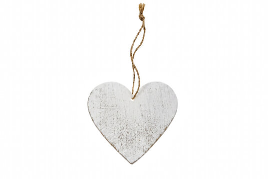 Rustic Shabby Chic White Heart Wooden Ornament Hanging on Jute String