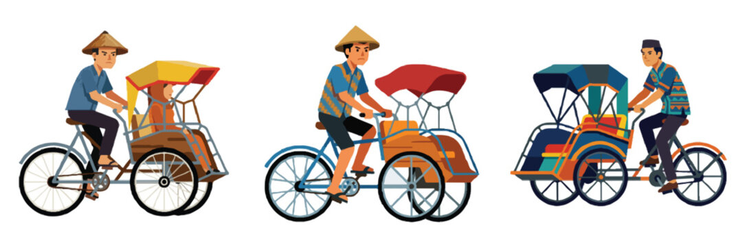 A flat design minimalistic illustration of a driver operating a traditional cycle rickshaw (becak). No outlines, distinct geometric shapes, white background