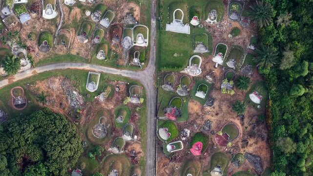 Aerial drone view of Chinese cemetery in Johor Bahru