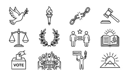 Fototapeta premium Freedom and justice outline icon collection vector illustration