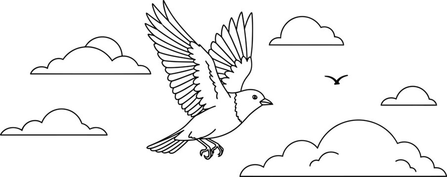 Hand drawn line art illustration of a wild bird flying gracefully through the clouds in the open blue sky with wildlife illustration minimalist atmosphere