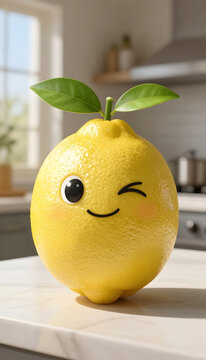 Cute Winking Lemon with Cartoon Face in Bright Kitchen