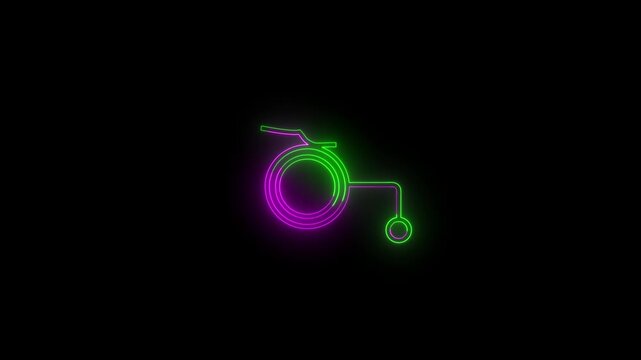 Glowing Green and Pink Neon Wheelchair Racing Icon and Paralympic Sports Logo Isolated on Black Background Rotating Light Disability Athletics, Adaptive Fitness, Concept VideoBlack Background .