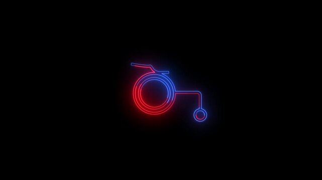 Glowing Red and Blue Neon Wheelchair Racing Icon and Paraly Isolated on Black Background - Dual Color Rotating Light Disability Athletics, Adaptive Fitness, and Inclusion Concept AnBlack Background .