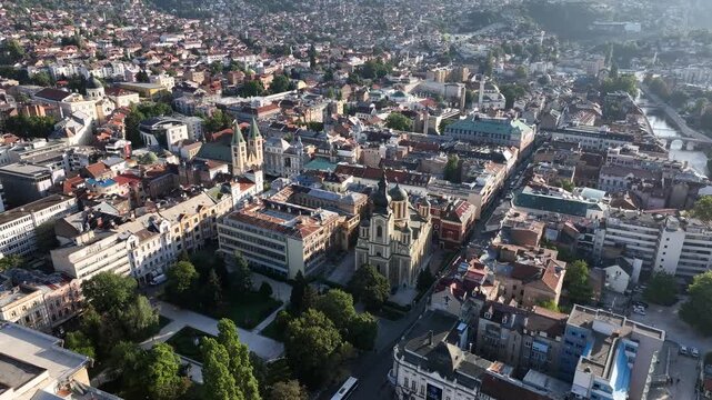 Aerial drone view of city of Sarajevo. Capital of Bosnia and Herzegovina. Buildings and streets, view from above. 