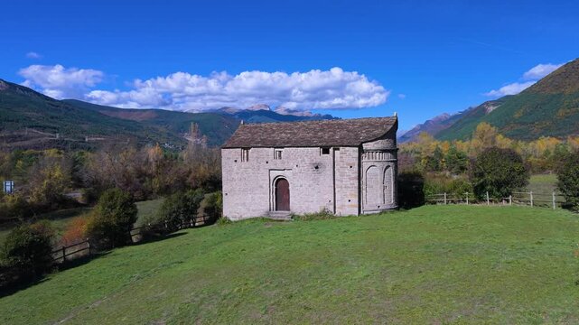Hermitage of San Juan de Busa and landscapes on the Serrablo Churches Route. Alto Gallego region. Province of Huesca. Aragon. Spain. Europe