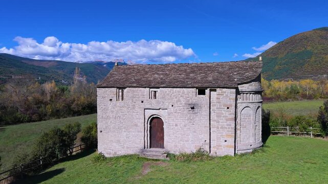 Hermitage of San Juan de Busa and landscapes on the Serrablo Churches Route. Alto Gallego region. Province of Huesca. Aragon. Spain. Europe