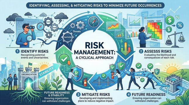 Risk management concept with a cyclical approach to identifying assessing and mitigating risks to minimize future occurrences and ensure organization stability