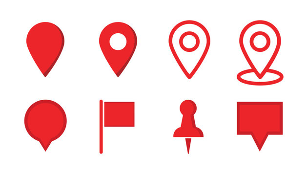 Red map pin icons set location pointer, gps navigation markers, flag, pushpin, and speech bubble symbols