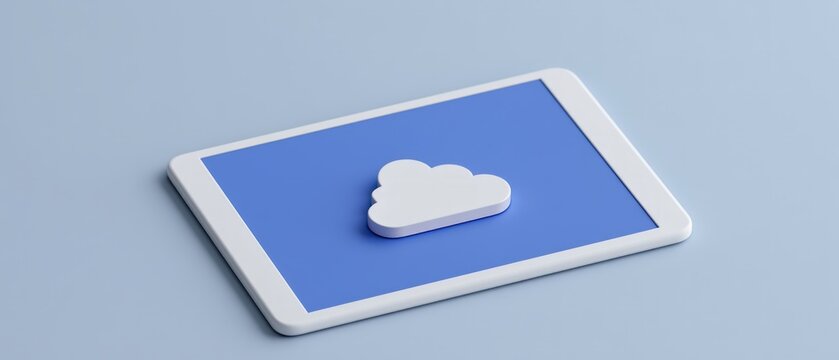3D Render of White Cloud Icon on Blue Tablet Screen Representing Digital Cloud Computing Technology and Secure Data Storage Concept for Modern Business Infrastructure