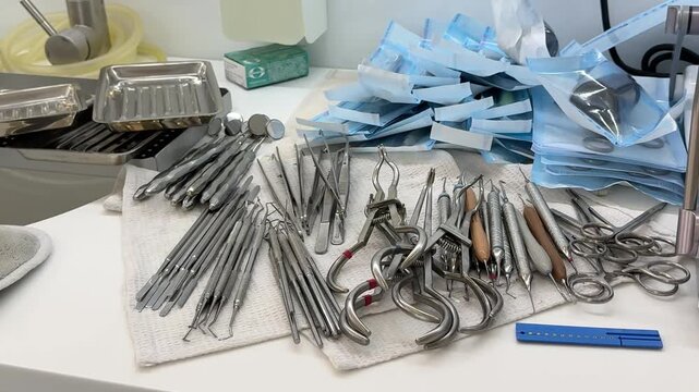 Dental surgical and examination instruments arranged on a medical table near sink for cleaning, washing, sterilization and disinfection in modern dental clinic treatment room