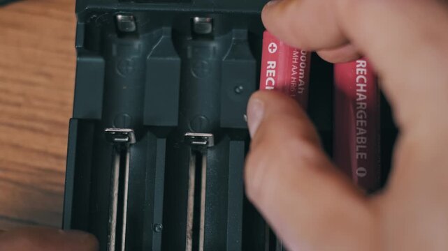 Extreme close-up top-down view of a hand inserting four pink AA rechargeable batteries into a black charger. Each cell is carefully placed into its slot on a wooden surface.