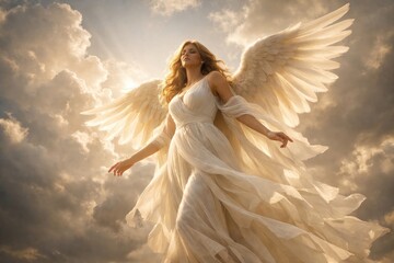 Obraz premium Ethereal angel amidst heavenly clouds.